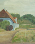 Painting of a house with a red roof in a rural landscape