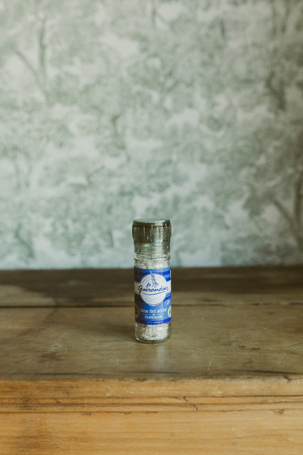Dry coarse grey sea salt, refillable grinder