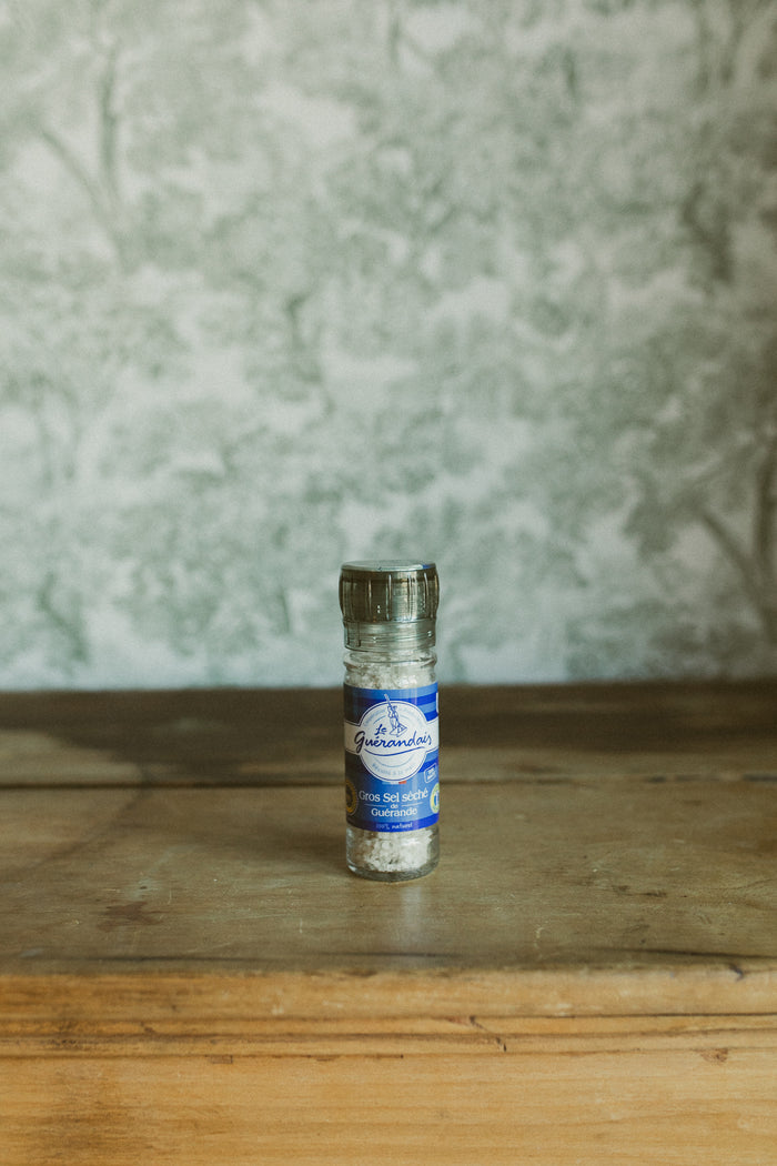 Dry coarse grey sea salt, refillable grinder