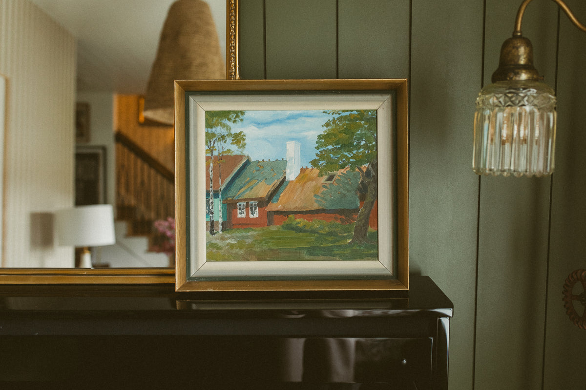 "Sunlit Cottage with Birches"