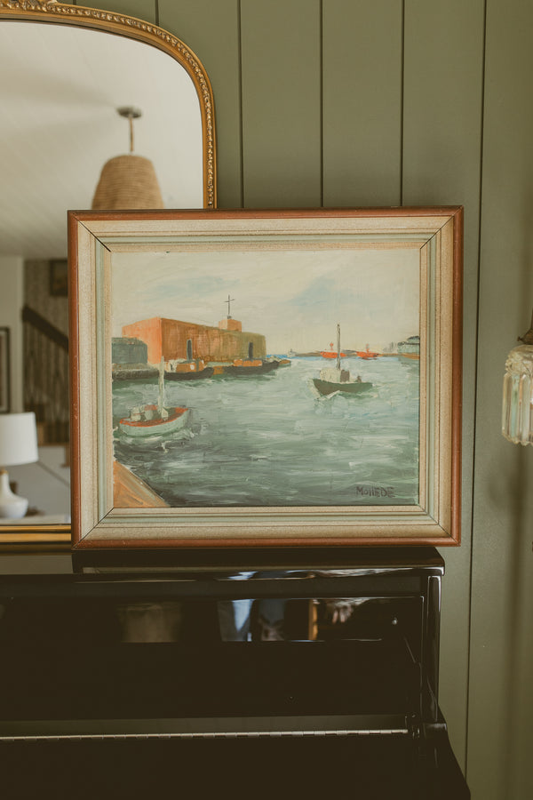 "Harbor View with Fishing Vessels" by S. Hede