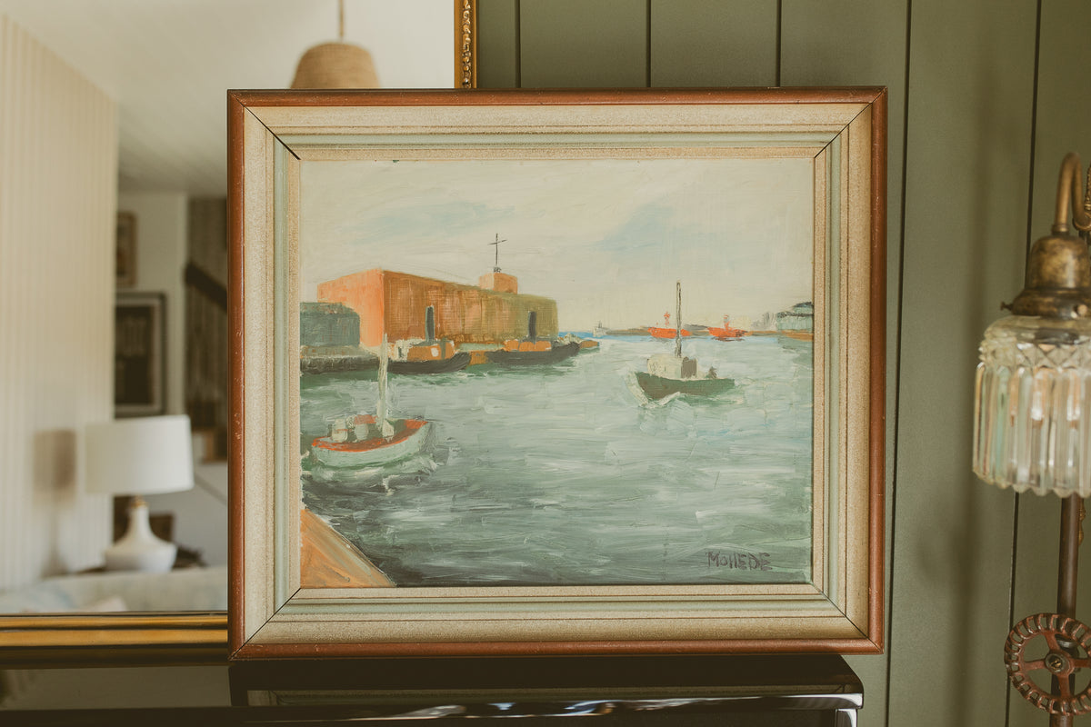 "Harbor View with Fishing Vessels" by S. Hede