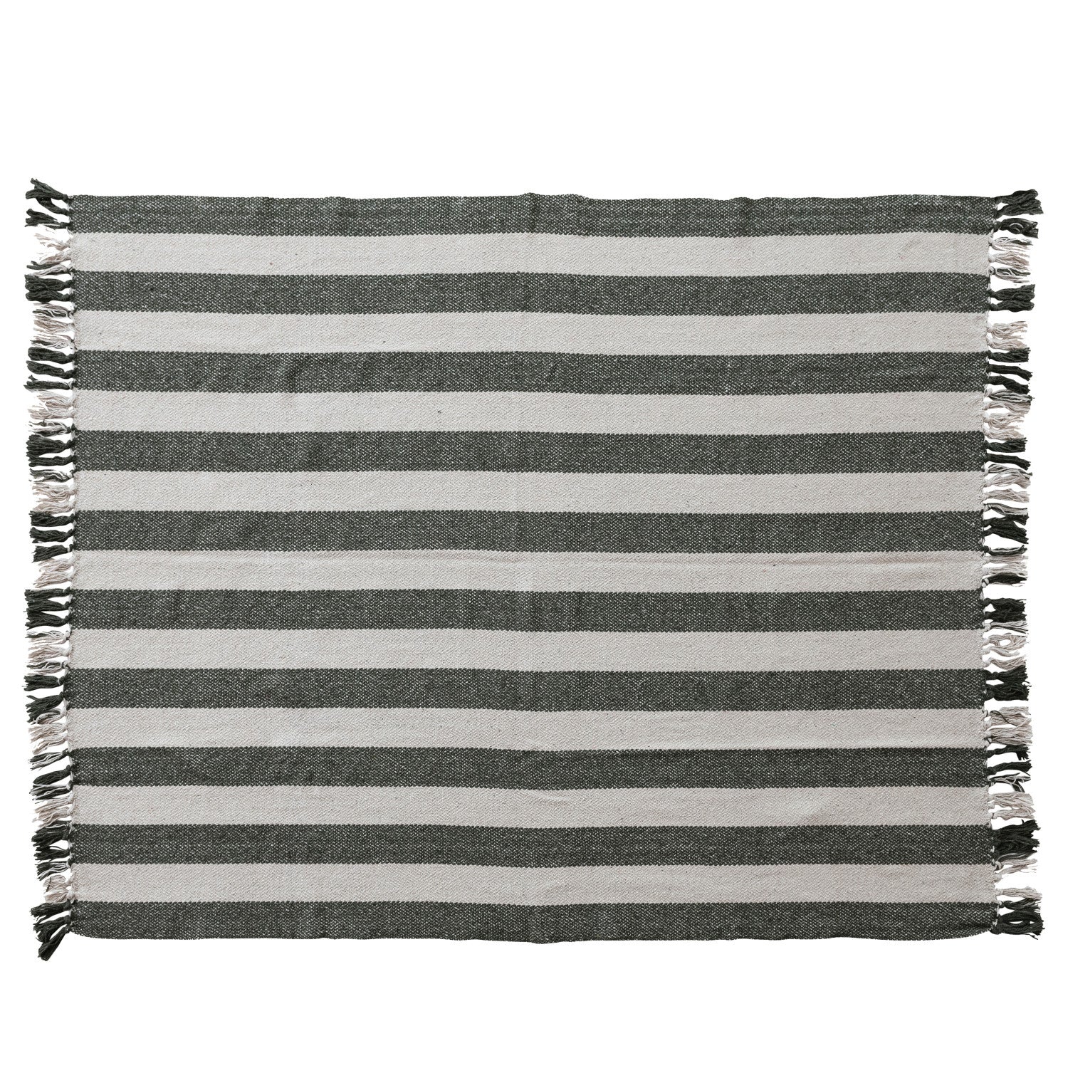 Woven Recycled Cotton Striped Throw with Fringe, Natural &amp; Green
