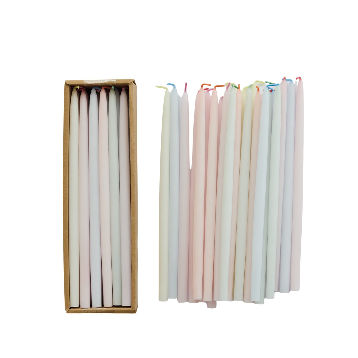 Unscented Thin Taper Candles with Multi Color Wick in Box, Pastel Multi Color, Set of 24