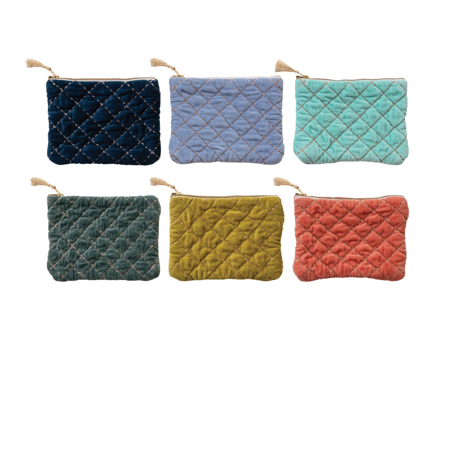 Quilted Cotton Velvet Zip Pouch w/ Metallic Thread Embroidery &amp; Tassel, 6 Colors
