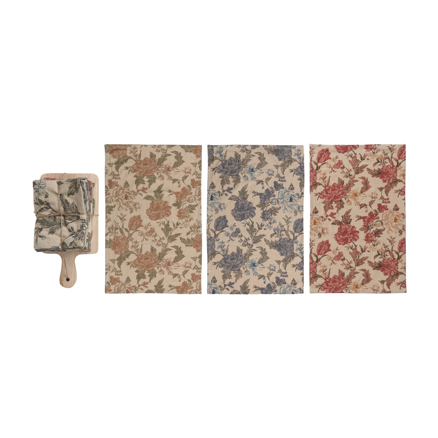 (3) Cotton Chambray Tea Towels &amp; Mango Wood Board, Set of 4