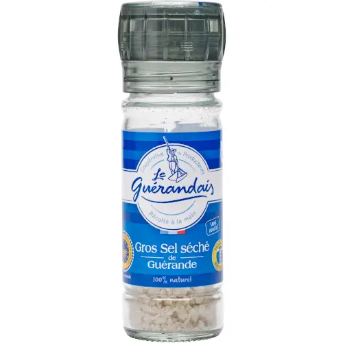 Dry coarse grey sea salt, refillable grinder